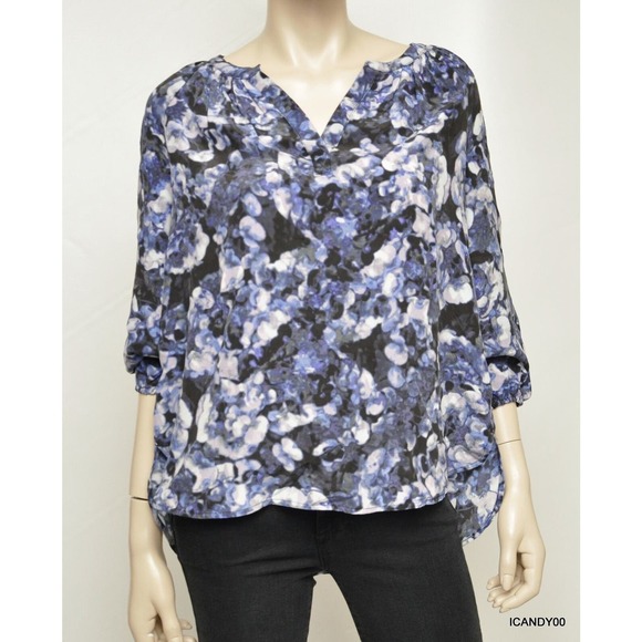 MAX STUDIO 3/4 Blouson Sleeve Split V-Neck Blouse Shirt Top Tunic Blue S Nwt - Picture 1 of 6